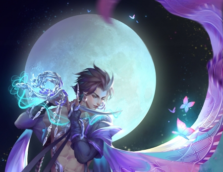 Moonlight song - moon, blue, singer, rong zhou, night, pink, man, fantays, instrument, flute, butterfly, luminos, luna