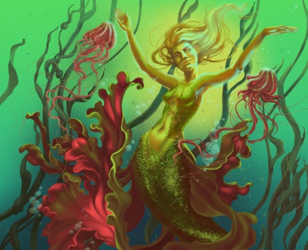 Mermaid - vara, girl, jellyfish, water, summer, fantasy, underwater, art, yellow, mermaid, siren, luminos, red, green, julia demyanenko