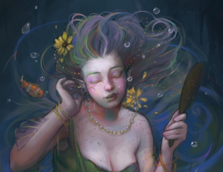 Mermaid - vara, girl, water, summer, fantasy, art, yellow, siren, mirror, hand, luminos, blue, fish, carlota suarez, flower, peste