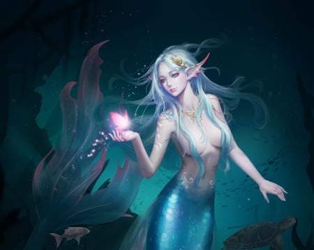 Mermaid - vara, girl, water, frumusete, summer, fantasy, harim shin, siren, blue, luminos, mermaid, pink