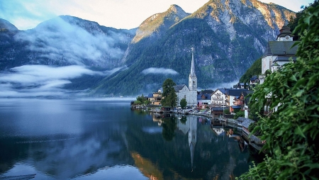 Hallstatt, Austria - village, alps, mist, lake, morning, mountains