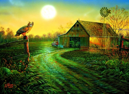 Late Summers Eve - fields, attractions in dreams, summer, nature, love four seasons, sunsets, owl, paintings, farms, birds