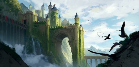 Castle - pasari, art, luminos, castle, jessica woulfe, fantasy, bird, world