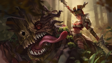 Amazon - tongue, girl, monster, horace hsu, fantasy, art, forest, luminos, creature, jungle, amazon