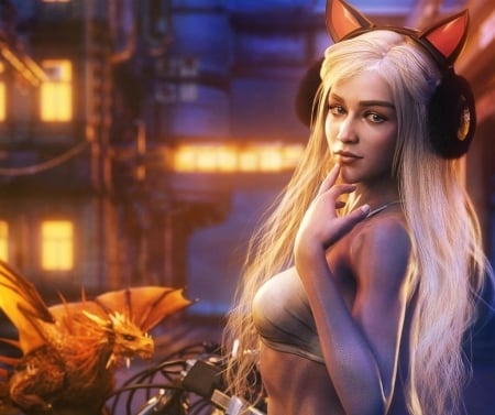 Biker girl Daenerys - game of thrones, girl, orange, daenerys targaryen, shibashake, fantasy, headphones, dragon, luminos