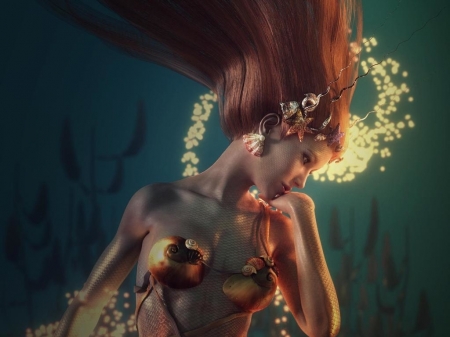 Mermaid - redhead, vara, girl, summer, fantasy, shibashake, underwater, mermaid, luminos, siren