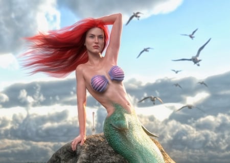 Ariel - ariel, redhead, girl, water, frumusete, tigerste, fantasy, wind, bird, pasari, mermaid, siren, luminos