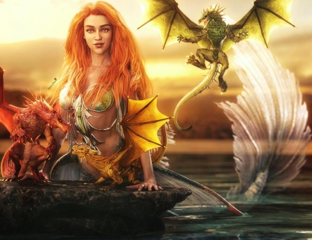 Of dragons and mermaids - water, summer, girl, sea, shibashake, frumusete, fantasy, siren, dragon, mermaid, vara, luminos