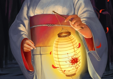 Lantern - detail, yuki onna, yellow, shoshoxiang, kimono, night, light, lantern, fantasy, white, hand, red, luminos