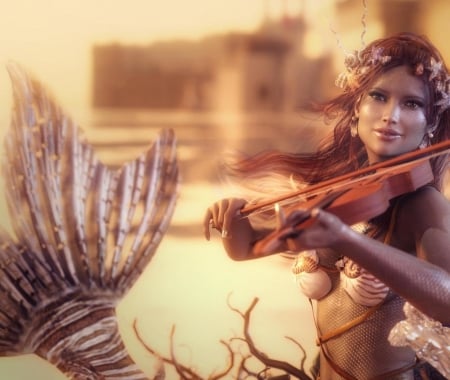 Song of the sea - summer, violin, girl, shibashake, frumusete, fantasy, instrument, siren, mermaid, vara, luminos