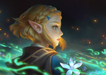 Zelda - viccolatte, elf, girl, fantasy, viktoria gavrilenko, zelda, face, art, luminos, blue, blonde, flower