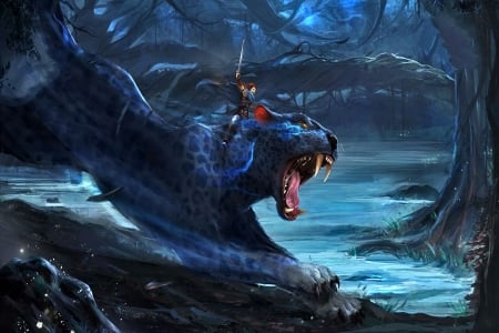 Attack - man, blue, animal, attack, fantasy, panther