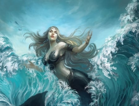 Zodiac ~ Pisces - zodiac, pearl of light, girl, water, pisces, wave, fantasy, art, blue, luminos, mermaid, sea