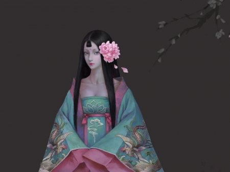 Princess - princess, girl, fantasy, asian, grey, pink, blue, luminos, kimono, yanya2018, flower