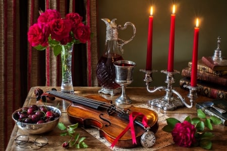 Still life - fruits, candles, music, bouquet, still life, vase, cherries, romantic, beautiful, violin