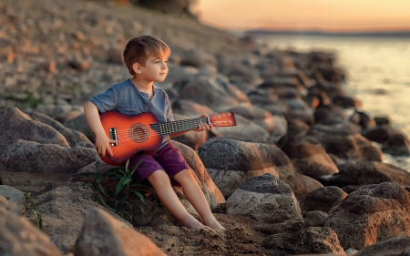 Little Guitarist - guitar, boy, child, rocks, guitarist