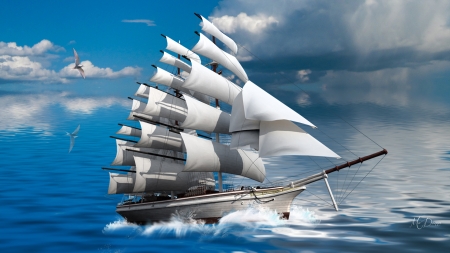 Sail the Ocean Blue - ship, collage, sailing ship, blue, sea, boat, tall ship