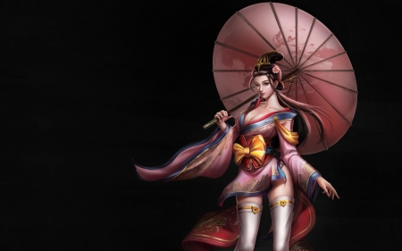 Fantasy girl - girl, kimono, pink, black, fantasy, anhua, parasol, an hua, luminos