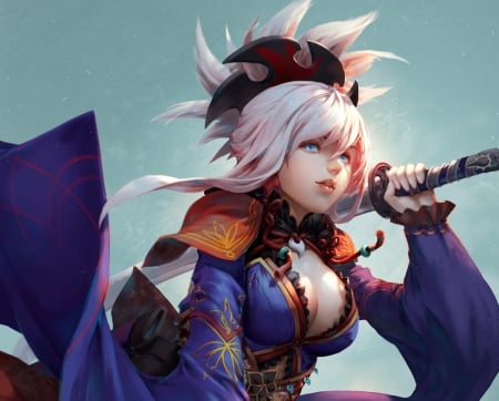 Fantasy girl - blue, girl, sword, kimono, fantasy, antilous, chao, art, luminos