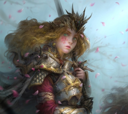 Return of the Queen - armor, duc nguyen, fantasy, queen, girl, sword, art, luminos