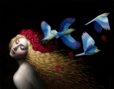 :) - girl, wreath, black, fantasy, bird, painting, art, chie yoshii, red, blue, pictura, flower