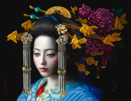 Empress - empress, yellow, geisha, blue, gorgeous, red, art, luminos, chie yoshii, girl, jewel, flower, superb, frumusete, black, fantasy, pictura, painting, asian