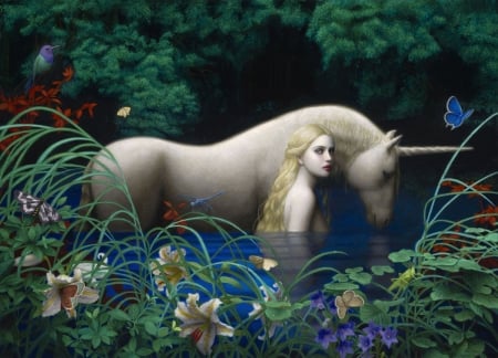 Unicorn - water, chie yoshii, girl, flower, pictura, fantasy, white, painting, unicorn, art, luminos