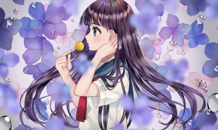 :) - water drop, girl, candy, purple, usamochi, lolippop, anime, flower, manga