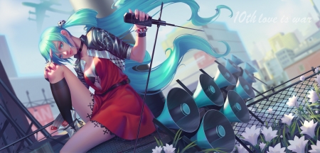 Hatsune Miku - anime, vocaloid, realistic, blue, singer, girl, hatsune miku, microphone, frumusete, manga, red, luminos