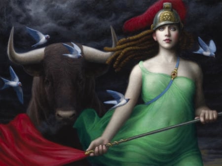 :) - cow, chie yoshii, girl, horns, black, pictura, fantasy, goddess, red, green, painting, bull, art, luminos