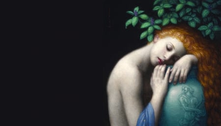 :) - vase, blue, chie yoshii, girl, black, pictura, green, painting, art