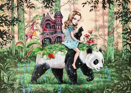 :) - cat, girl, bear, pisici, copil, black, fantasy, forest, pink, castle, green, panda, flower