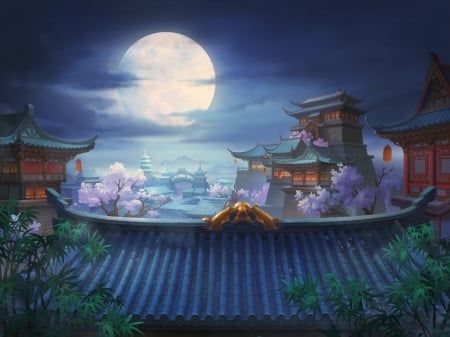 Moonlight - moon, night, fantasy, world, roof, luminos, blue, mhcart, mh c, luna