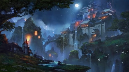 Night - moon, blue, night, zudarts lee, fantasy, world, lights, art, luna