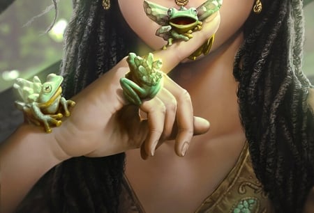 Frogs - princess, frog, detail, nell fallcard, fantasy, art, luminos, hand, green