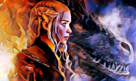 Daenerys - by cehenot, blue, girl, cehenot, orange, daenerys targaryen, pictura, fantasy, dragon, painting, art