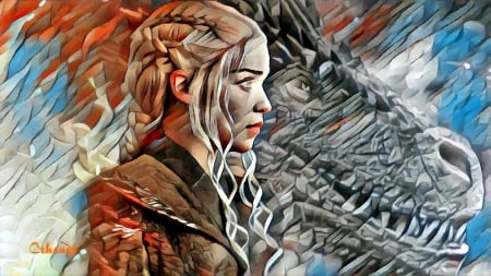 Daenerys - game of thrones, by cehenot, blue, cehenot, orange, daenerys targaryen, pictura, painting, art