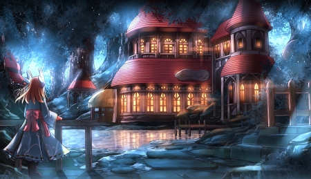 Secret Cafe - lake, forest, anime, scenery, cafe, house, fantasy, orginal