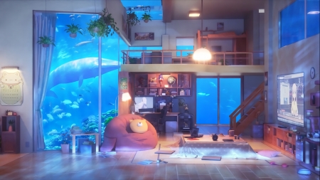 Aqua Room - house, anime, orginal, room, aqua, japan, art, indoor, japanese