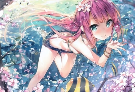 Summer - pretty, anime, bikini, underwater, girl, cute, orginal, long hair