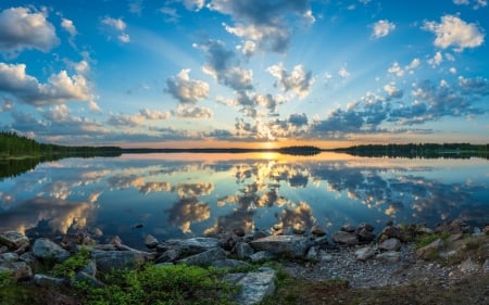 Lake - clouds, landscape, lake, reflection, rocks