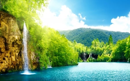 Paradise waterfall - waterfall, summer, beautiful, lake, paradise, mountain, rocks, sun