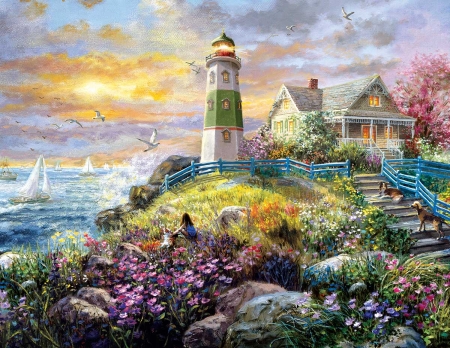 Lighthouse Memories - jigsaw, lighthouse, painting, ocean, home