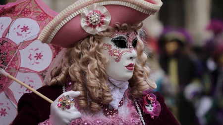Venice Carnival - jewel, white, model, mask, parasol, girl, hat, venice carnival