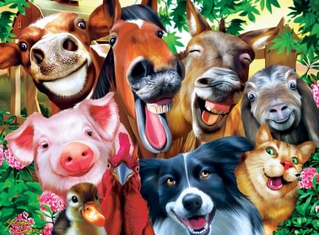 Barnyard Selfie - pig, cow, humor, selfie, pink, horse, puzzle, funny, animals