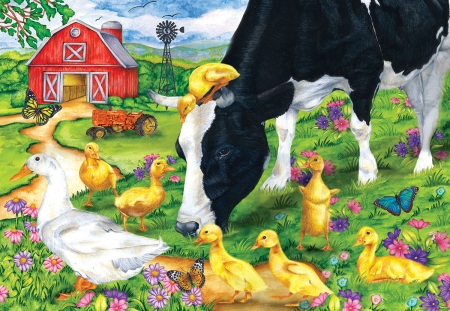 O the Encounter - duck, black, cow, white, puzzle, chicks, farm