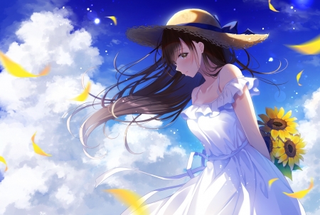 A Beautiful Sunshine - Sunshine, White Dress, Clouds, Brown Hair, Anime, Ribbon, Long Hair, Summer, Summer Dress, Sunflower, Flower, Hat, Sky, Amazing, Blush, Beautiful, Pretty, Petals, Girl, Straw Hat, Day, Brown Eyes