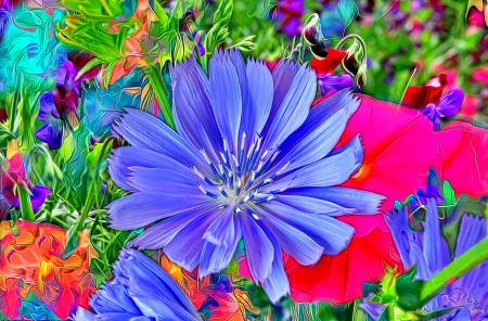 Flowers - art, blue, flower, painting, pictura, red, summer, texture, vara