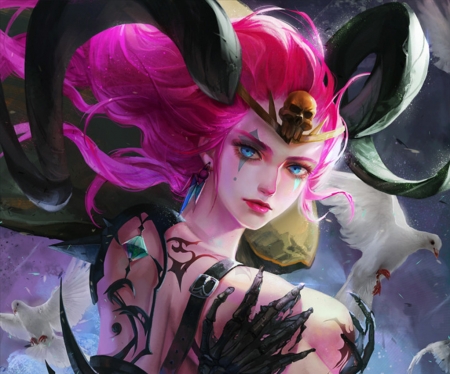 Zyra - oreki genya, girl, pink, horns, fantasy, zyra, face, luminos, demon