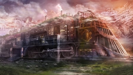 Steampunk - clouds, locomotive, train, twilight, art